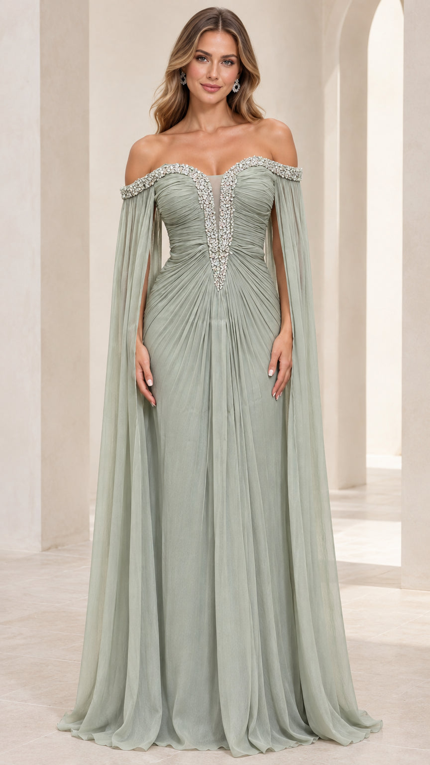 Sage Green off-the-shoulder evening gown with crystal trim and flowing cape sleeves - front view