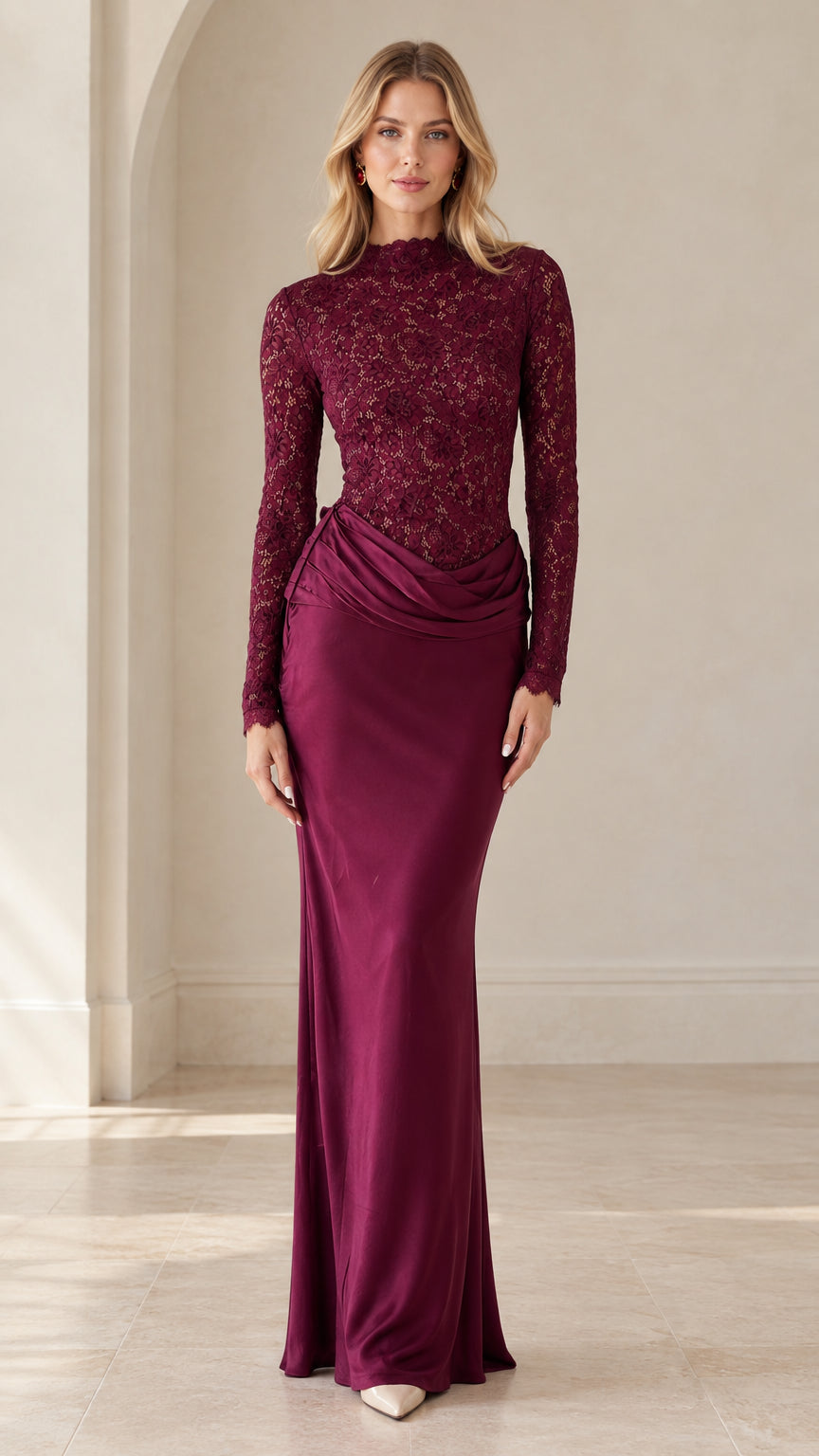 Burgundy mock neck long sleeve lace bodice draped maxi evening dress front view