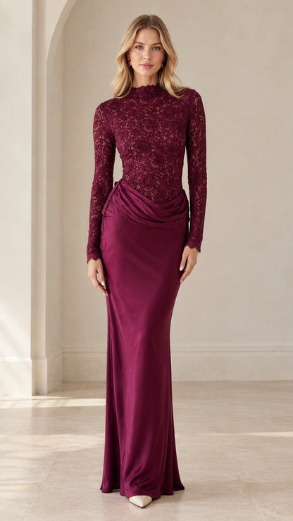 Burgundy mock neck long sleeve lace bodice draped maxi evening dress front view