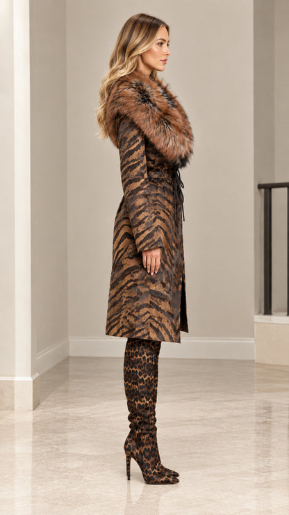 Side profile view of model in brown animal print long coat and heeled boots