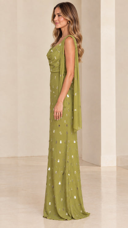 Side profile view of olive green sequined column evening dress