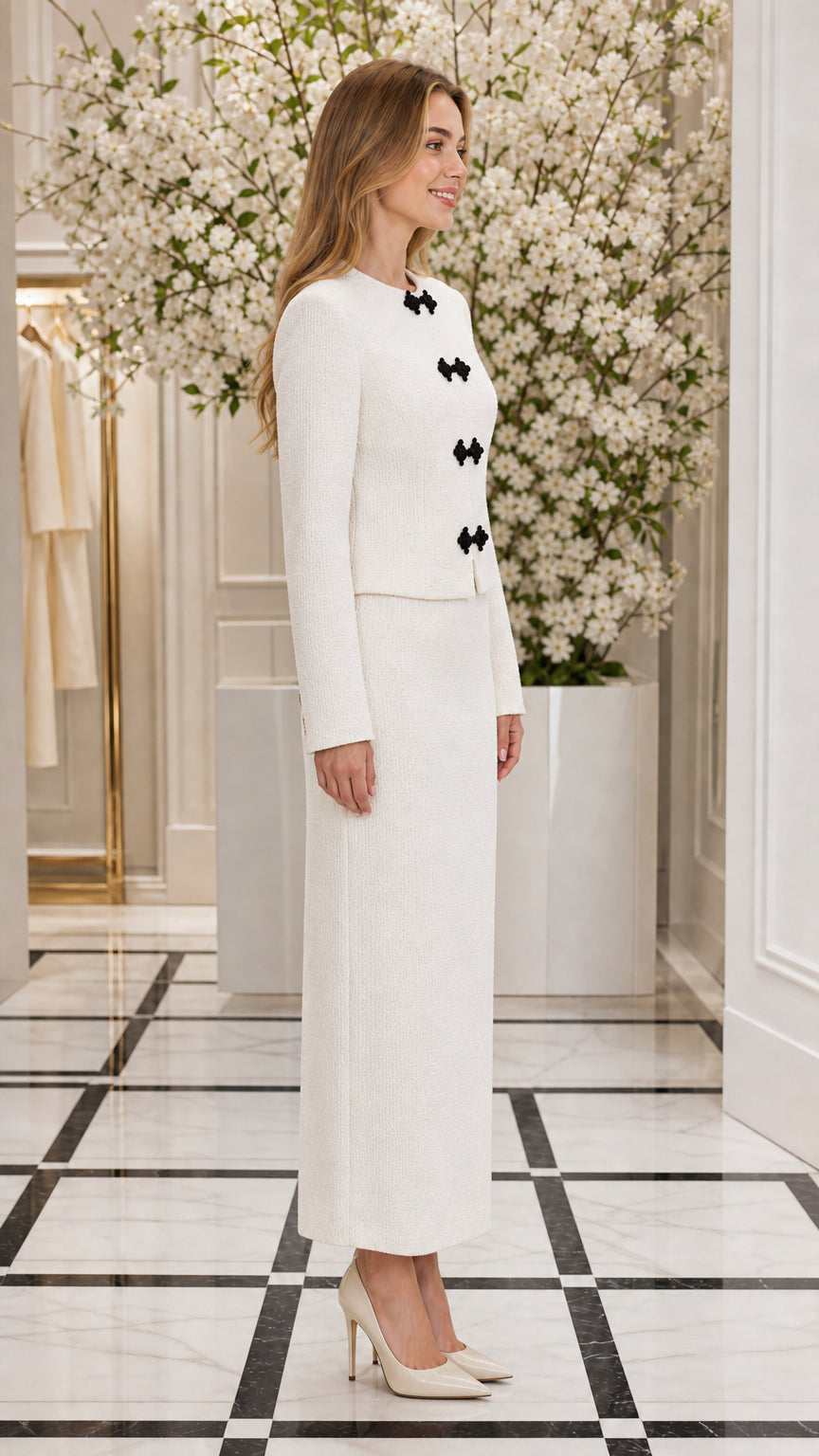 Side profile view of woman wearing Ivory White two-piece skirt set