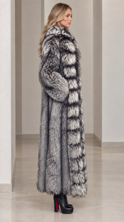 Side profile view of model in silver grey long faux fur winter coat