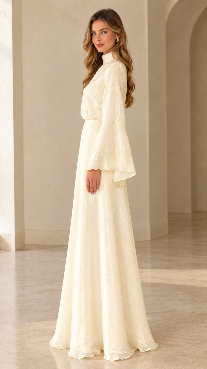 Side profile view of woman modeling ivory high neck flared sleeve formal dress