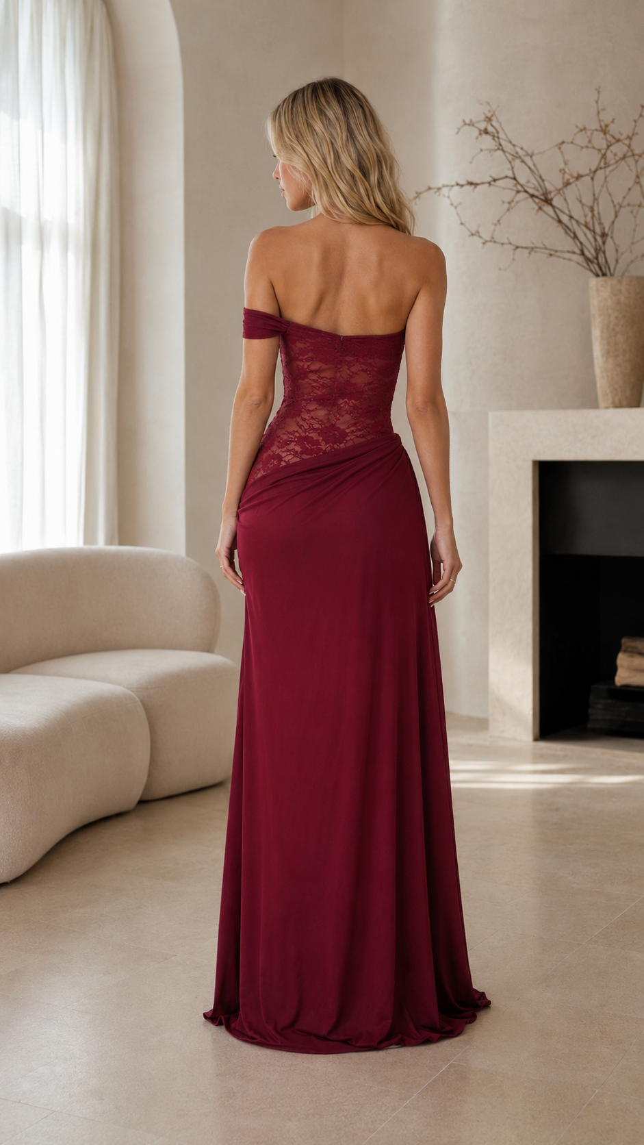 Back view of burgundy off-shoulder lace bodice maxi dress