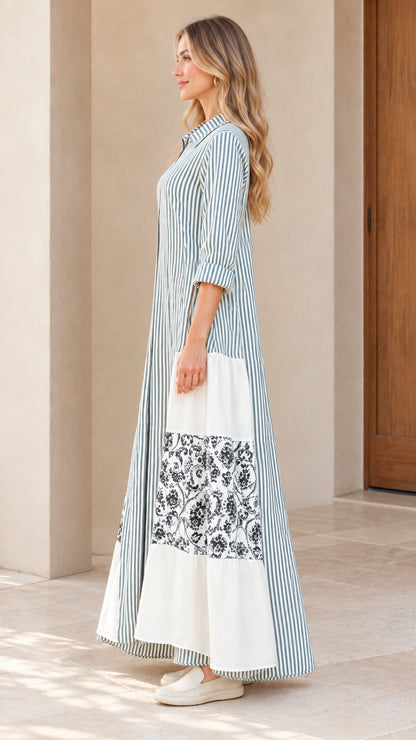 Side profile view of women's sage green striped patchwork maxi dress