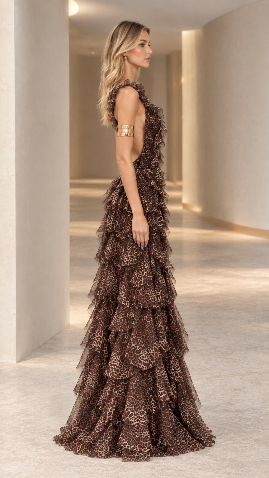 Side angle view of Classic Brown leopard print tiered ruffle maxi gown showing open back design