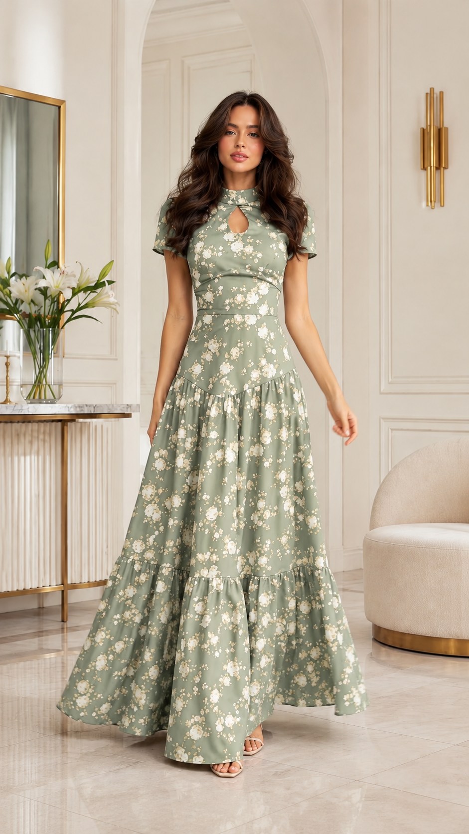 Sage floral mock neck maxi dress with keyhole neckline and tiered hem front view