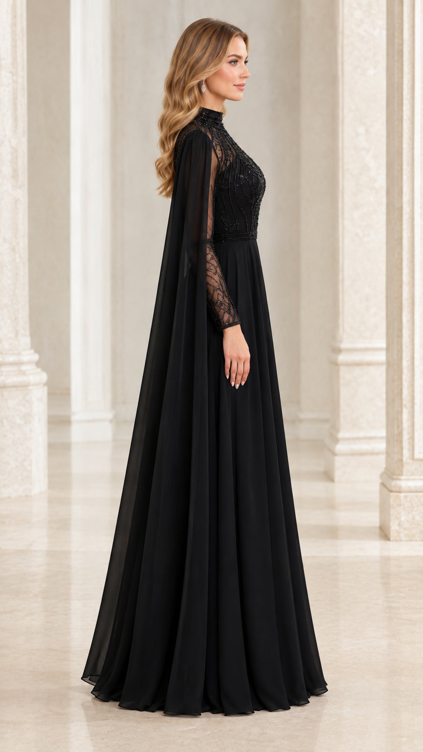 Side profile of black cape sleeve formal gown showing flowing silhouette