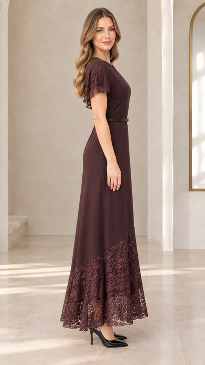 Side view of chocolate brown lace hem belted maxi dress