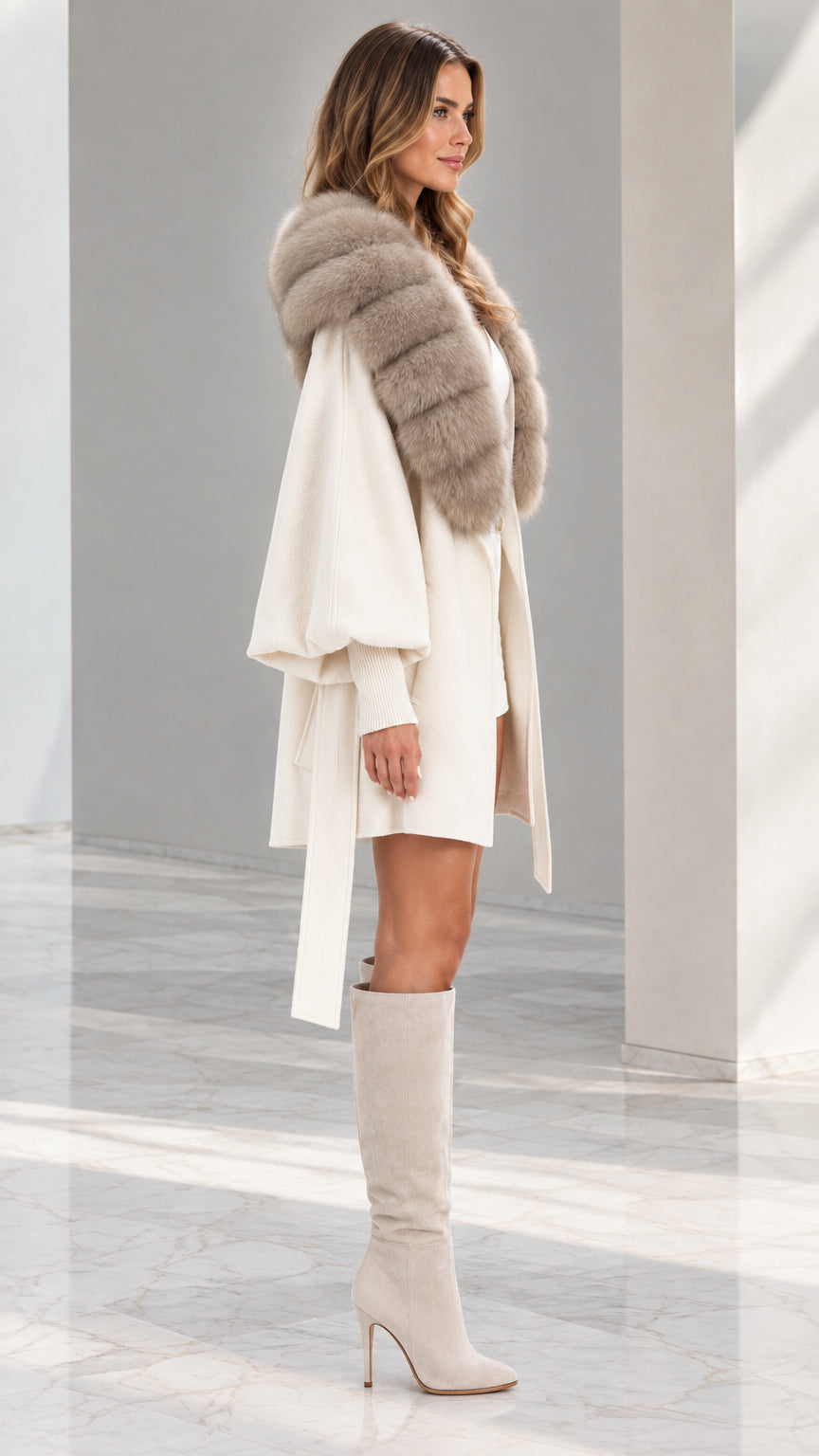 Side 3/4 view of woman modeling Cream faux fur collar cape jacket