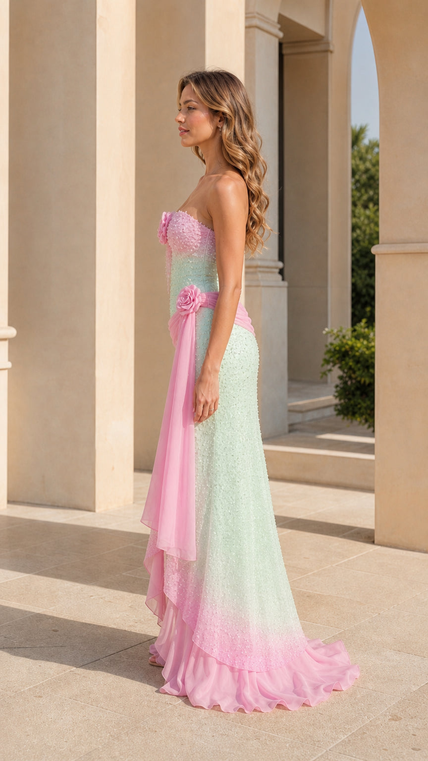 Side profile view of mint green and pink sequin evening gown showing draped waist sash and silhouette