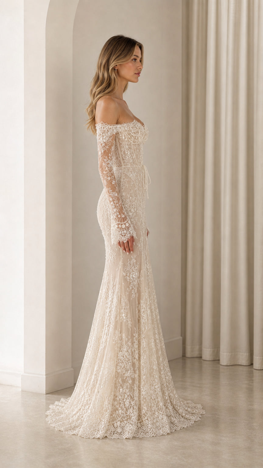 Side profile view of Ivory lace mermaid evening dress showing tailored fit and train