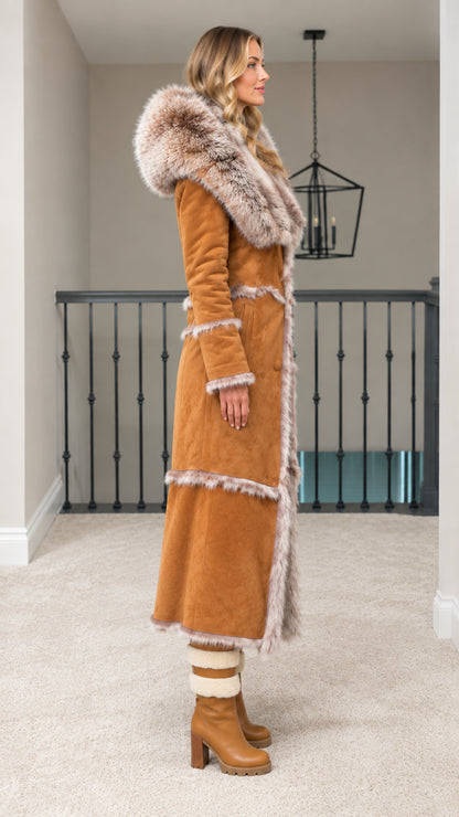 Side profile of woman in long camel faux suede winter coat with faux fur trim