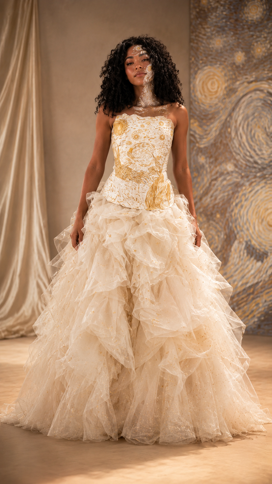 Ivory strapless ball gown with printed fitted bodice and voluminous ruffle skirt front view