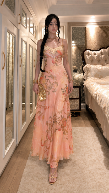 Peach floral lace trim satin-look slip maxi dress front view