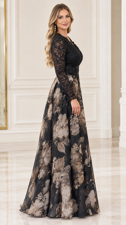 Side profile of black lace floral formal maxi gown