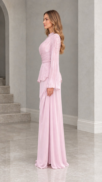 Side view of dusty pink modest floor length formal dress