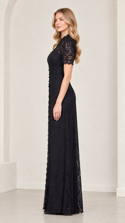 Side profile view of model wearing black floral lace wide-leg jumpsuit