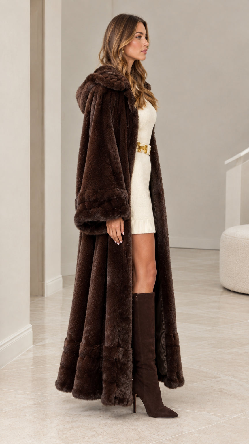 Side profile of chocolate brown full-length hooded faux fur coat