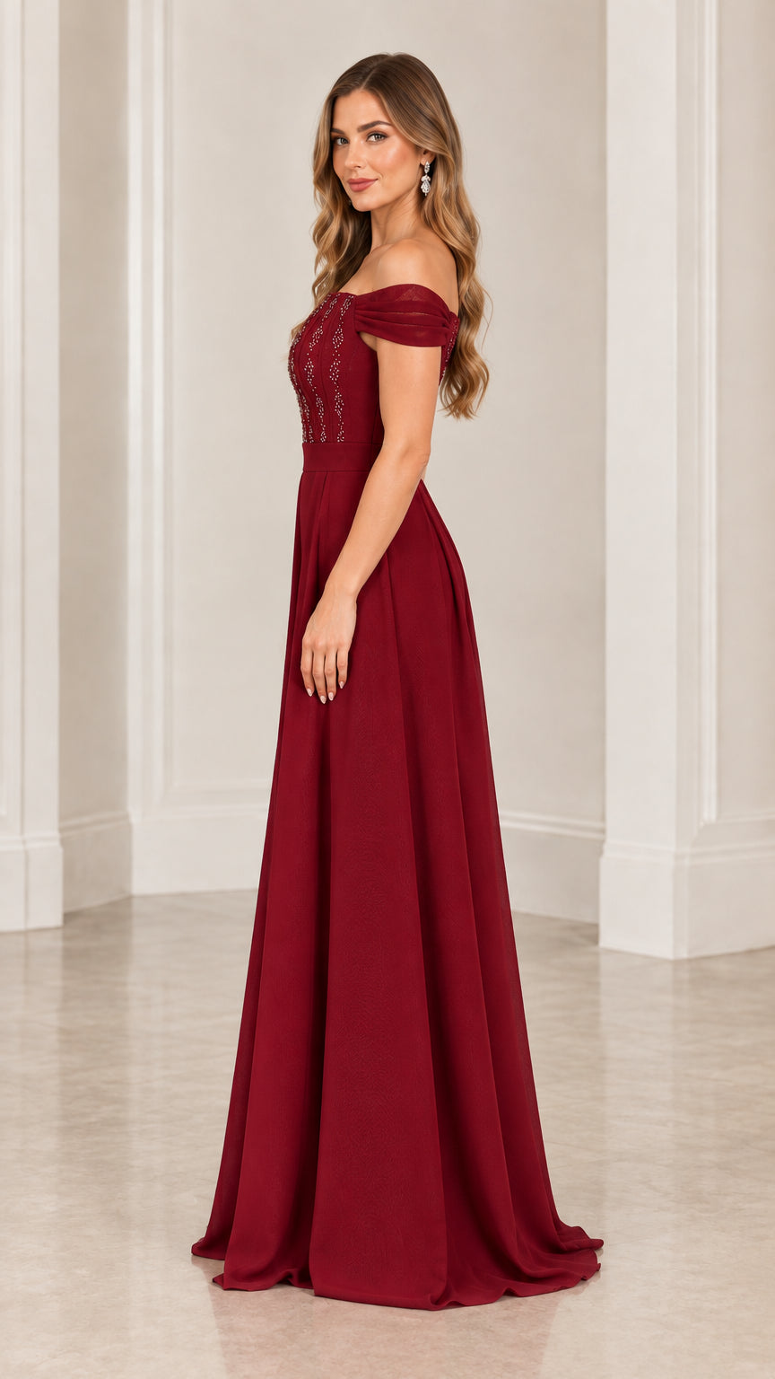 Side profile of burgundy wide-leg evening jumpsuit with beaded bodice