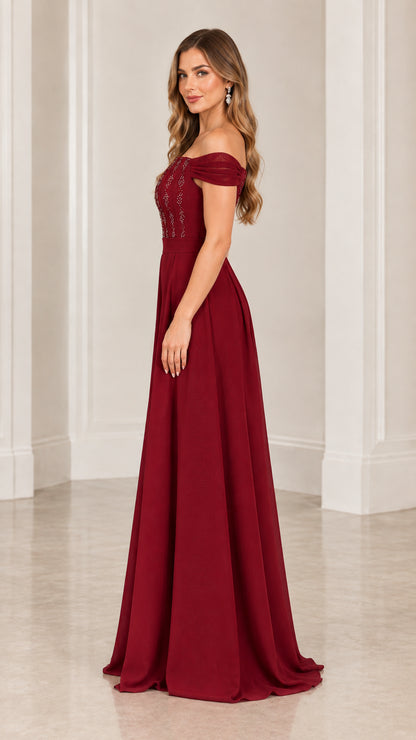Side profile of burgundy wide-leg evening jumpsuit with beaded bodice