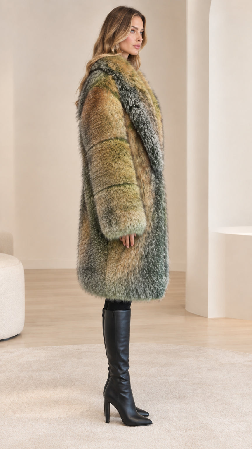 Side view of an olive multi long plush coat showing the relaxed silhouette