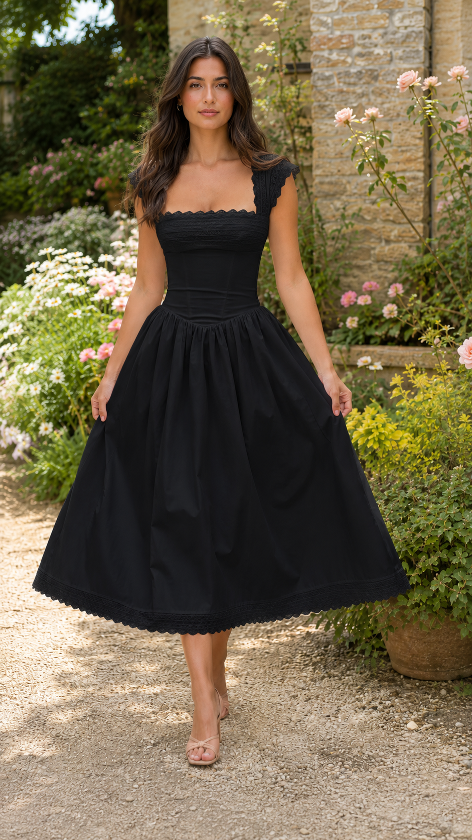 Front view of black scalloped square neck midi fit and flare dress
