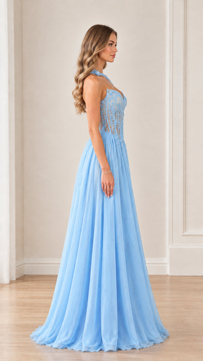 Model wearing Sky Blue A-line evening dress side profile view