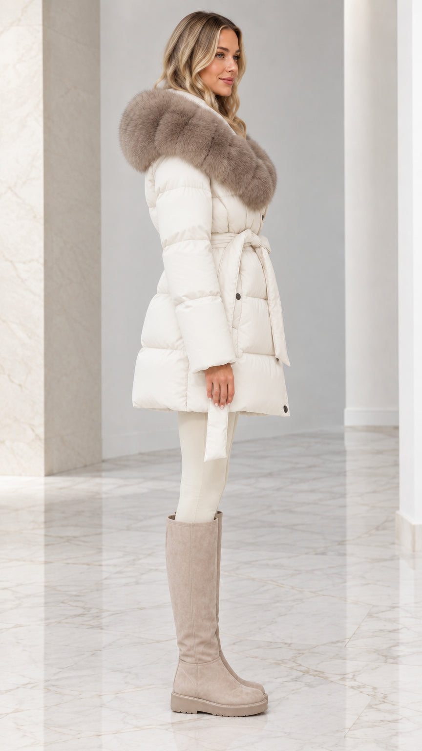 Side profile of model wearing Off-White hooded mid-length puffer coat