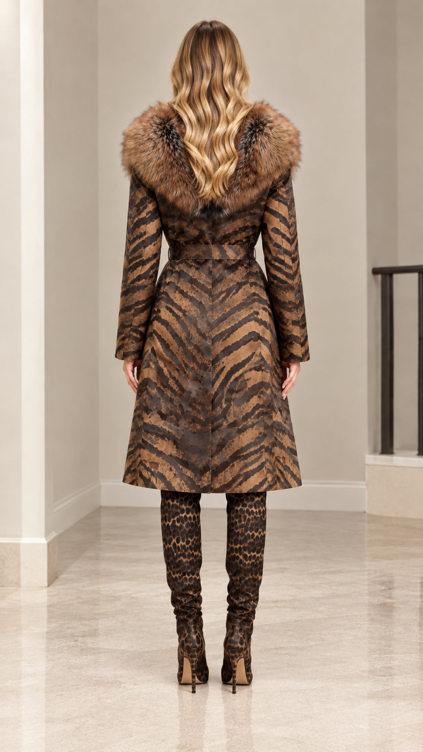 Back full-length view of brown animal print belted coat showing back vent and collar