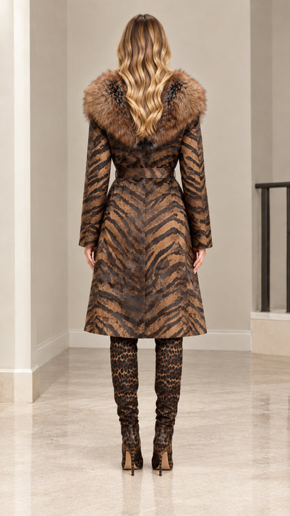 Back full-length view of brown animal print belted coat showing back vent and collar