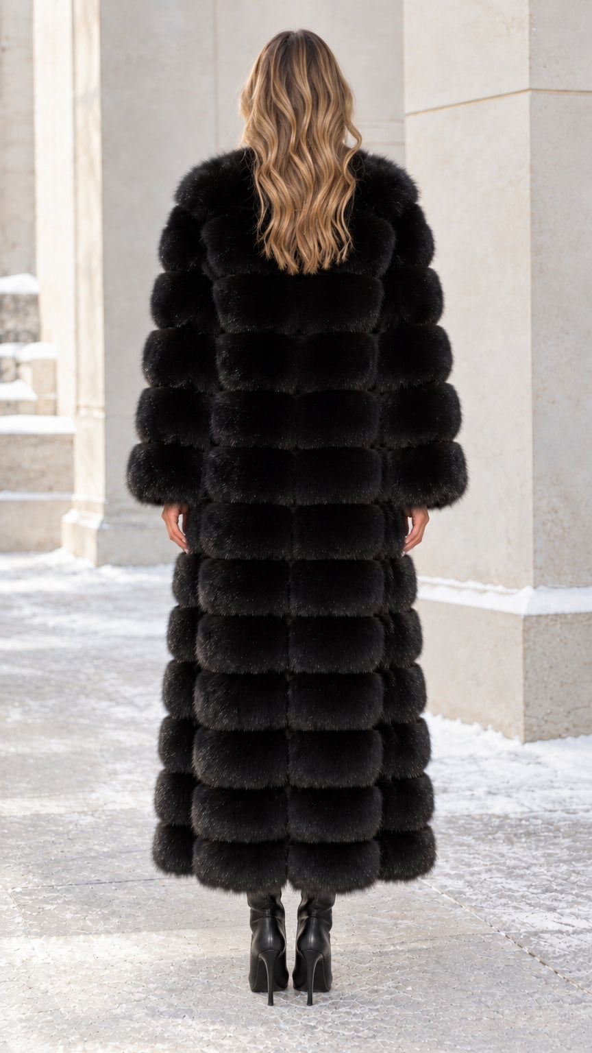 Back view of model in full-length black paneled faux fur winter coat