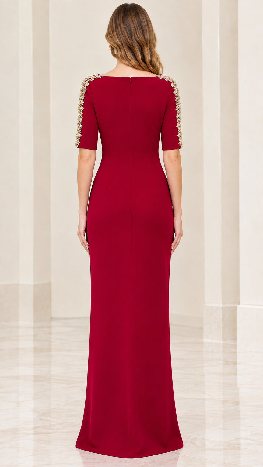 Back full-length view of model in burgundy floor-length evening gown with clean high back