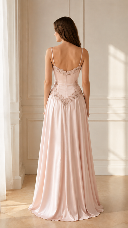 Back view of blush pink embroidered spaghetti strap formal gown