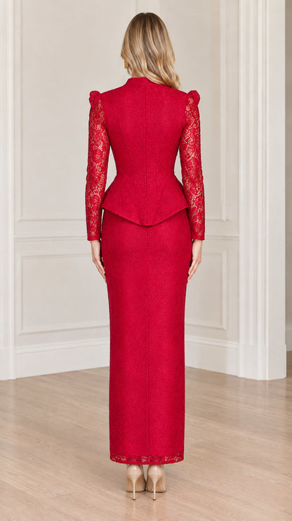 Back view of red long sleeve structured lace maxi dress