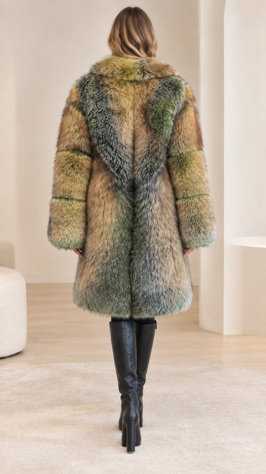 Back view of the olive multi mid-thigh plush coat