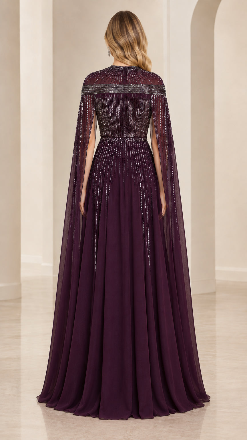 Plum cape sleeve evening gown back view