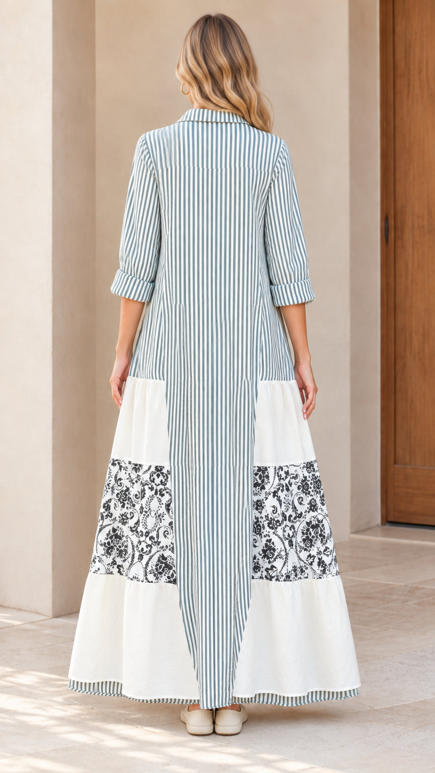 Back view of women's sage green striped maxi dress showing floral panels