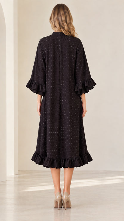 Back view of black sparkle relaxed fit midi dress