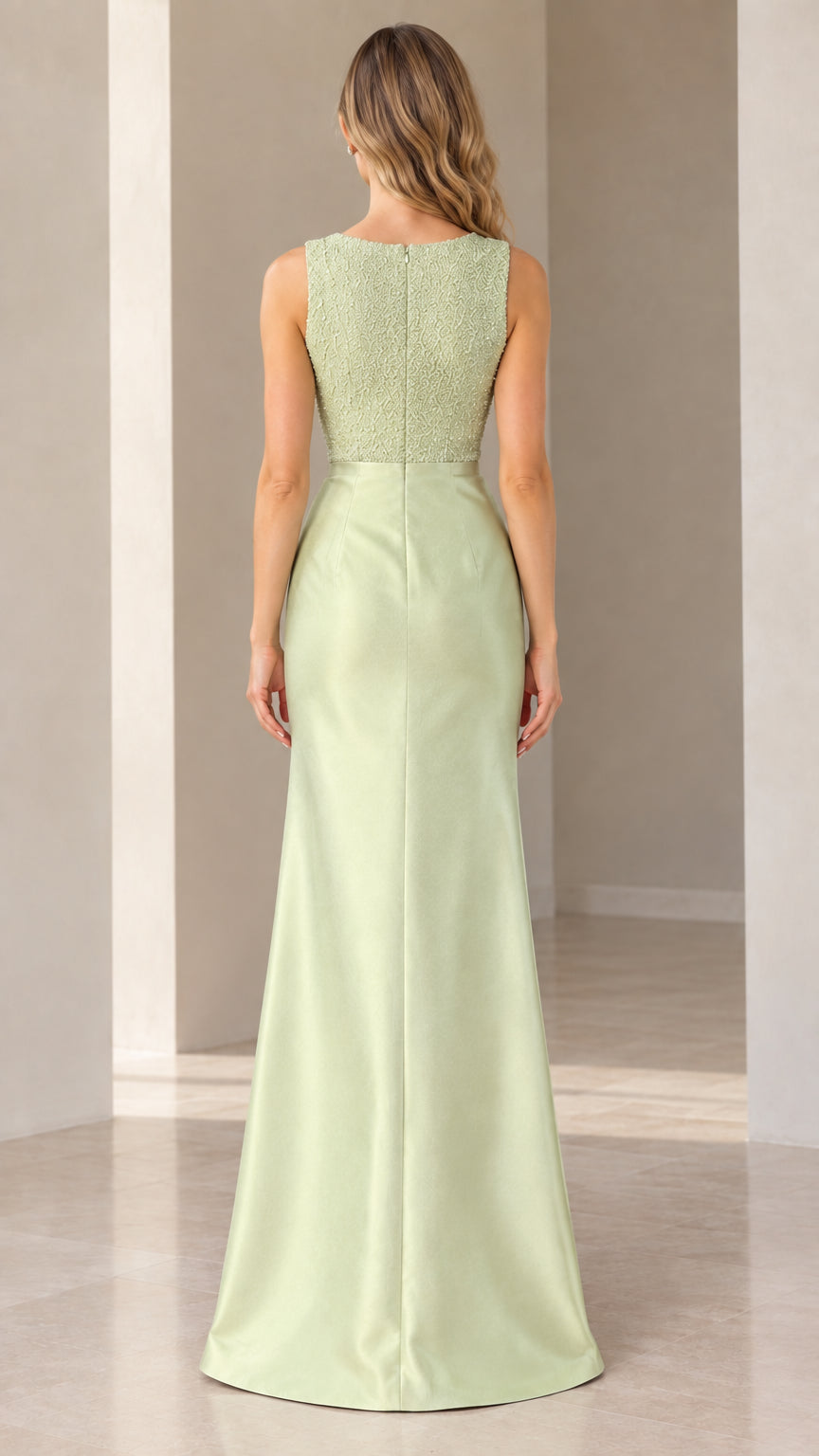 Back view of model showcasing Sage Green one-shoulder formal maxi gown