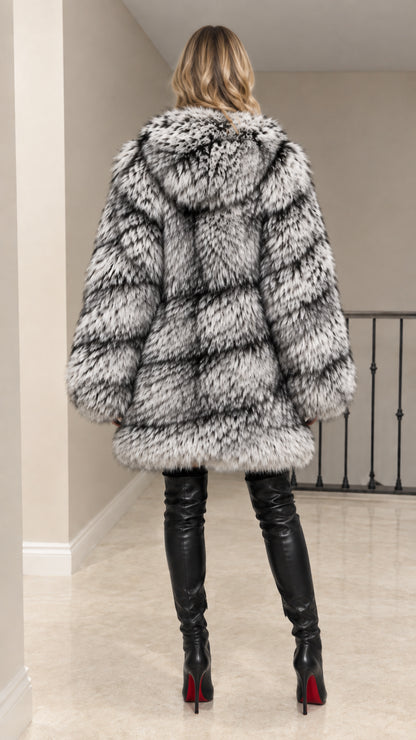 Back view of model wearing hooded Silver Grey faux fur plush coat