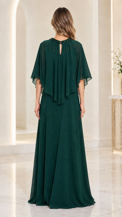 Back view of dark green chiffon formal dress featuring back keyhole detail
