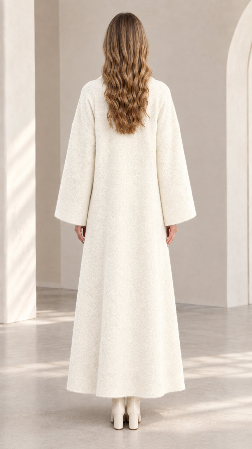 Back view of model wearing off-white floor-length knit duster coat