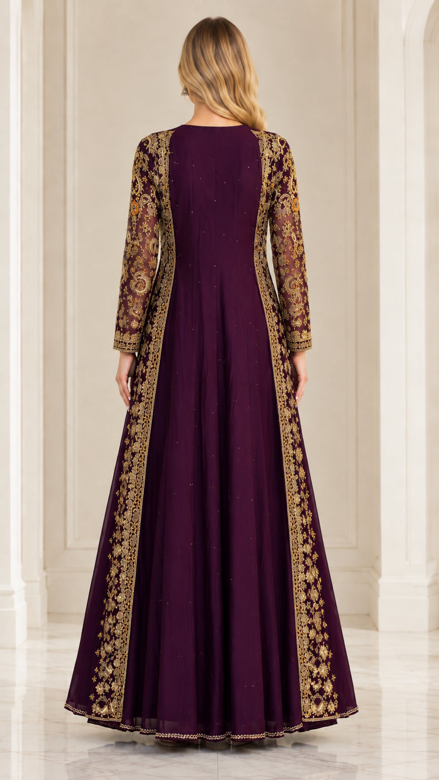 Back view of floor length plum evening gown with sheer embroidered long jacket