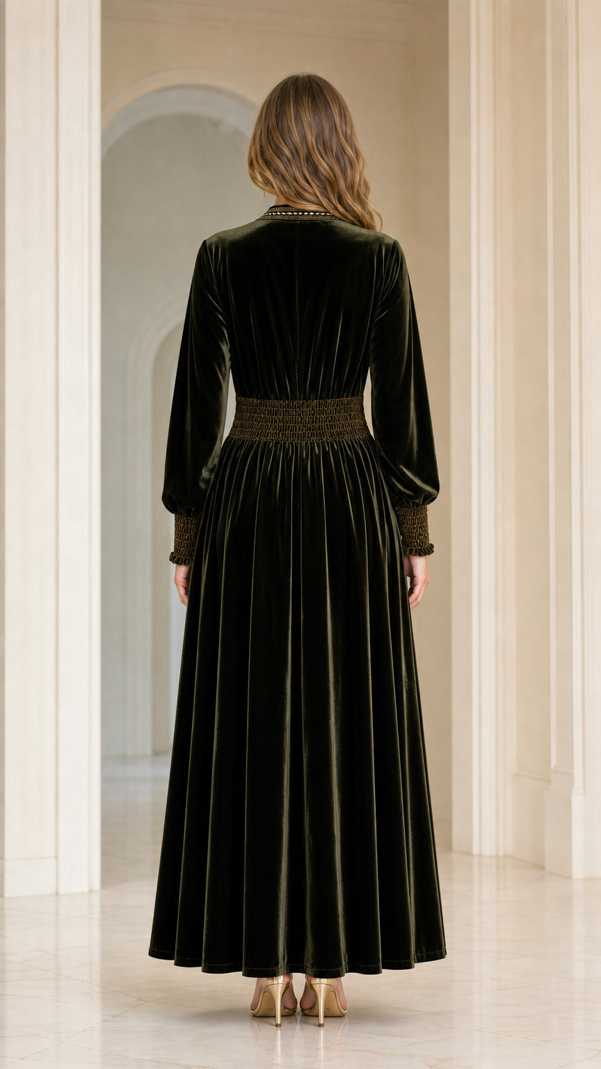 Back view of model wearing Dark Green velvet maxi dress