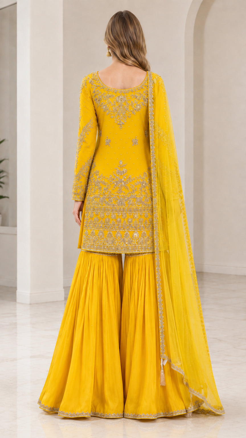 Back view of Mustard Yellow 3-piece embroidered sharara ensemble