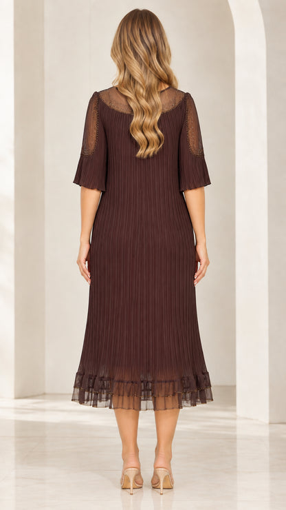 Back view of woman wearing Coffee Brown sheer mesh pleated midi dress
