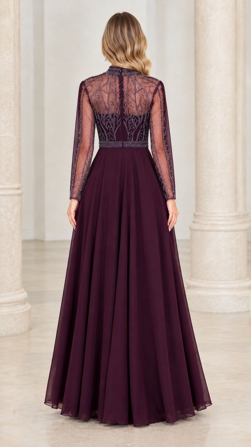 Back view of plum long sleeve formal gown showing illusion beaded back and concealed zipper