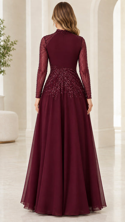 Back view of woman wearing burgundy cape sleeve formal floor length gown